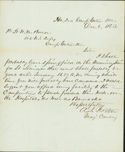 Brev signeret A.S. Norton, kommandørmajor, hovedkvarterer, Camp Yates, Ill., Til 1. løjtnant W.M. Breese, 16. amerikanske infanteri, Camp Gates, Ill., 6. december 1863 af A. S. Norton