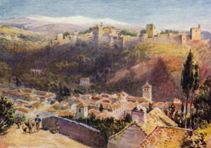 Granada, generel udsigt over Alhambra (farve litho)