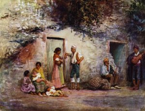 Granada, sigøjnere ved dørene til deres huler (farve litho)