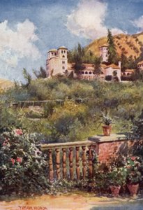 Granada, Udsigt over Generalife (farve litho) af A. Trevor Haddon