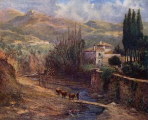 Granada, Villa på Darro (farve litho) af A. Trevor Haddon