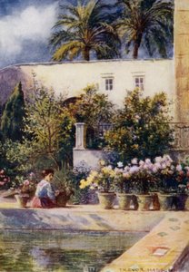 Sevilla, Alcazar-haverne (farve litho) af A. Trevor Haddon