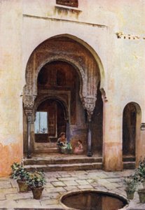 Alhambra, Court of the Mexuar, West Facade (farve litho) af A. Trevor Haddon