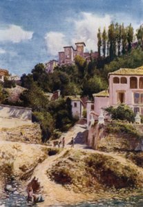 Alhambra, Torre de las Damas fra floden Darro (farve litho) af A. Trevor Haddon