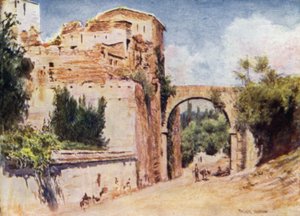 Alhambra, tårnet og akvædukten (farve litho) af A. Trevor Haddon