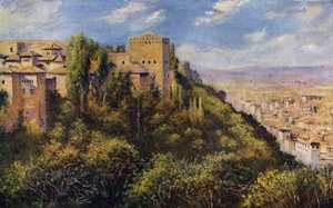 Udsigt over Granada og Alhambra (farve litho) af A. Trevor Haddon