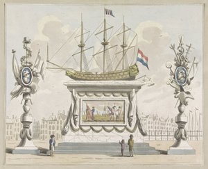 Handel og forsendelse, dekoration på Nieuwmarkt, 1795 Ti plader med dekorationerne ved Alliantiefeest i Amsterdam i 1795 (serietitel) af A. Verkerk