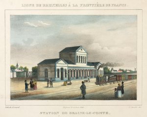 Braine-le-Comte Station, Belgien, graveret af Gerard, 1843 af A. after Canelle