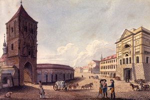 Krudttårnet og Hybern-toldhuset, Prag, ca. 1810 (farvet radering)