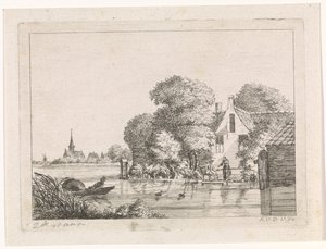Lystfisker og en kvinde foran et hus af A. van de Velde