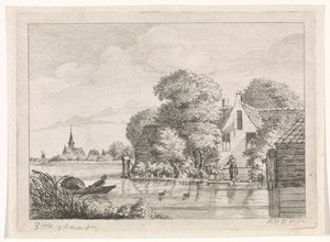 Lystfisker og en kvinde foran et hus af A. van de Velde
