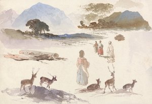 Ark med undersøgelser af hjorte, figurer og landskab