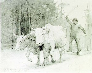 En fransk bonde driver okser (kul på papir) af Abbott Handerson Thayer