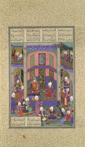 Manuchihr byder Sam velkommen, men beordrer krig mod Mihrab, Folio 80v fra Shahnama..., ca. 1525. af 