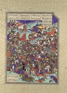 Kai Khusrau besejrer Army of Makran, Folio 376v fra Shahnama Book of..., ca. 1525-30. af 