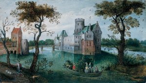 Et voldgravet slot med elegante figurer i en båd og en jæger og hans hunde på en sti i forgrunden (olie på panel) af Abel Grimmer or Grimer