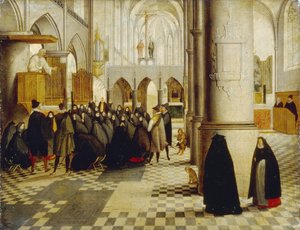 Gudstjeneste. Maleri af Abel Grimmer (1570-1619), olie på træ