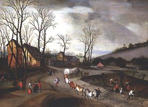 Vinterlandskab med bønder, der pollarer af Abel Grimmer or Grimer