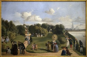 Udsigt over Rochelle (badets have Marie Therese). Borgerskabets karakterer i en park: par, der chatter på en bænk, mænd, der hilser på damer, barn leger med en bøjle... Maleri af Alexandre Abel de Pujol (1785-1861), olie på lærred