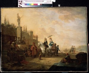 ""Rejsende til hest"" (Ryttere) En familie på roadtrip i et mellemøstligt landskab. Maleri af Abraham Begeyn (1637-1697) Mikhail Kroshitsky kunstmuseum fra det 17. århundrede, Sevastopol (Sevastopol) Ukraine