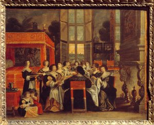Samtale med damer i deres mænds fravær: Middagsmaleri af Abraham Bosse (1602-1676) Egouen fra det 17. århundrede. National Renaissance Museum