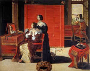 The Five Senses: The View En ung kvinde foran sit spejl, mens en mand bruger en astronomisk bezel. Maleri af Abraham Bosse (1602-1676). 17. århundrede. Rundvisninger, Museum of Fine Arts
