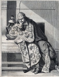 Manden fyldt med ondskab: en mand med en dobbelt frakke af kvindehoveder mediterer med en abe ved siden af. Gengivelse af et tryk af Abraham Bosse (1604-1676). af Abraham (after) Bosse