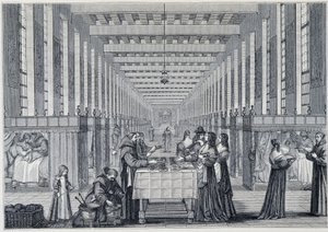 Indvendigt billede af hospitalet i Hôital de la Charite (også kaldet hospitalet for Freres-de-Saint-Jean-de-Dieu), i Paris - Engraving d