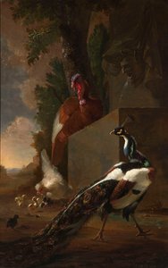 En påfugl, kalkun og kylling med sine kyllinger ved siden af en klassisk springvand i et landskab af Abraham Bisschop