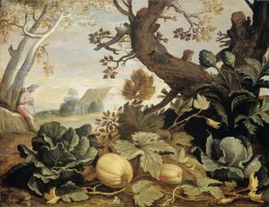 Landskab med frugter og grøntsager i forgrunden af Abraham Bloemaert