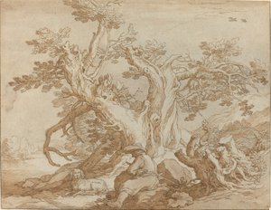 Landskab med siddende figur og hund af Abraham Bloemaert