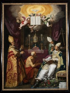 ""kirkens fire fædre"" Repræsentation af Sankt Ambrosius af Milano, Sankt Augustin af Hippo, Sankt Gregor den Store og Sankt Hieronymus - Maleri af Abraham Bloemaert (1566-1651) af Abraham Bloemaert