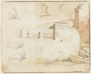 Undersøgelser af en mur og nogle figurer, set bagfra af Abraham Bloemaert