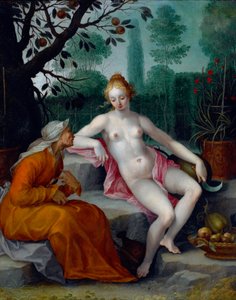 Vertumnus og Pomona (årstidernes gud forklæder sig som en gammel kvinde for at få adgang til nymfens frugthave) - Maleri af Abraham Bloemaert (1566-1651), olie på kobber, ca. 1605 - (Vertumnus og Pomona, af Abraham Bloemaert, olie på kobber, c1605) af Abraham Bloemaert
