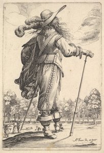 En herre, set bagfra, gående mod højre med en stok og iført en plymer..., 1629. af Abraham Bosse