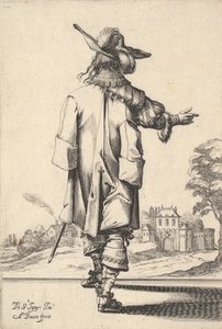 En herre, set bagfra, med højre arm udstrakt og en kappe over venstre s..., 1629. af Abraham Bosse