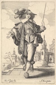 En herre, der går frem, med højre arm strakt ud og en pisk i venstre hånd..., 1629. af Abraham Bosse