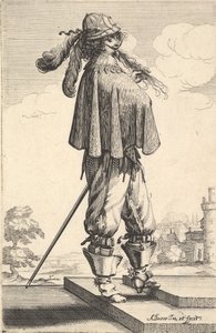 En herre iført en kort frakke, en hjelm og støvler med sporer, stående på trappen og..., 1629. af Abraham Bosse