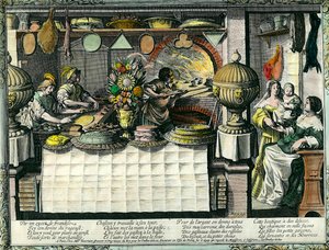 En konditori i det 17. århundrede: bagbutikken, hvor bagere og konditorer laver og tilbereder kager og brød, og kunder i butikken. Kageform hænger på væggen. Gravering af Abraham Bosse (1602-1676)