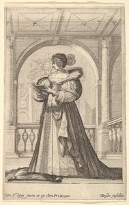 En kvinde stående, vendt mod venstre i profil, iført hat og blondekrave, læser..., ca. 1629. af Abraham Bosse