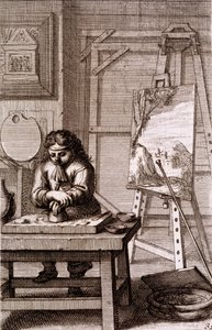 En kunstners lærling renser en graveringsplade, fra 