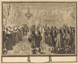 Ceremoni for ægteskabskontrakten mellem Vladislas IV, konge af Polen, og LouiseMarie af Gonzaga, prinsesse af Mantua, i Fontainbleau af Abraham Bosse