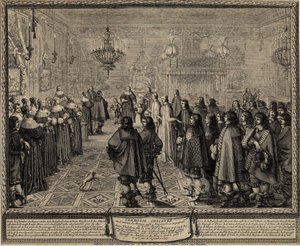 Ceremoni af ægteskabskontrakten mellem Wladyslaw IV, konge af Polen og Marie Louise Gonzaga. af Abraham Bosse