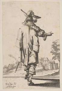 Gentleman set bagfra og peger mod et slot, 1629. af Abraham Bosse
