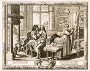 Mand med kone siddende på knæ ved pejs, Bosse, Abraham (1602-76) af Abraham Bosse
