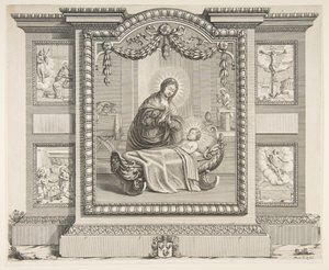 Fødselen med scener af bebudelsen, hyrdernes tilbedelse, korsfæstelsen..., 1620-76. af Abraham Bosse
