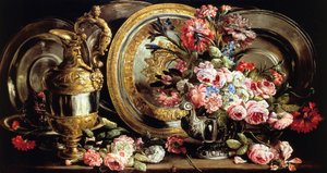 Stilleben med sølv og blomster, af Abraham Brueghel (1631-1697), olie på panel