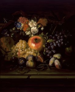 Stilleben med blomster og frugter