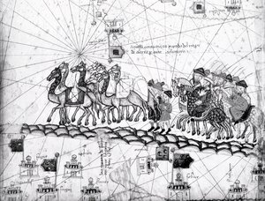Ms Esp 20 panel 4, Købmænd på vej til Cathay, Kina, i Marco Polos fodspor, detalje med Marco Polos familie, der rejser med kamelkaravane, fra Catalan Atlas udgivet for Charl af Abraham Cresques