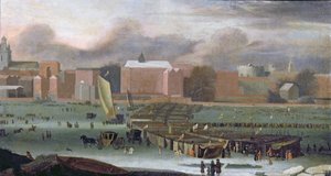 En frostmesse på Themsen ved Tempeltrapper, ca. 1684